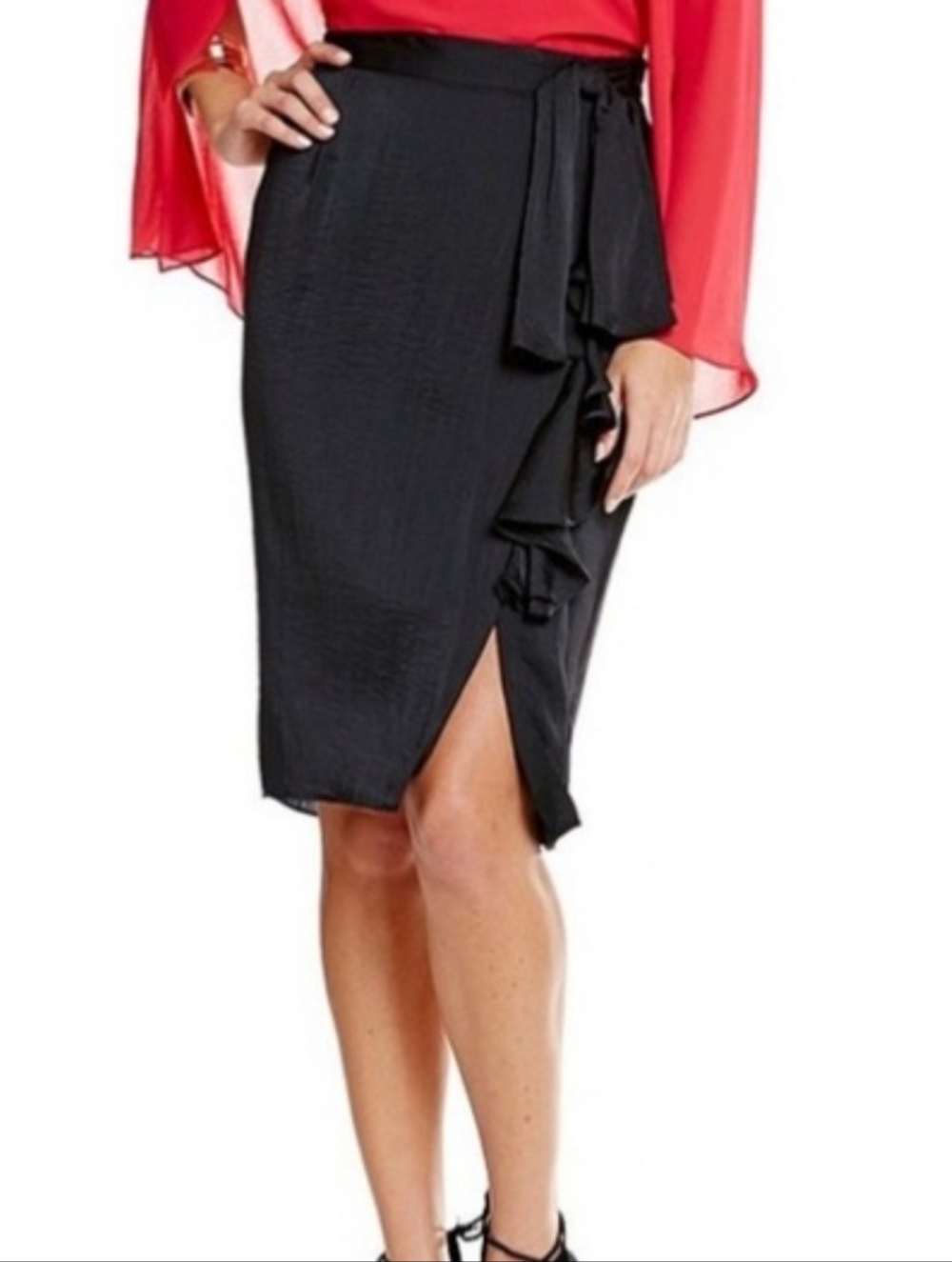 Badgley Mischka Black Ruffle Wrap Pencil Skirt
